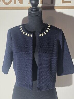 Perceptions Navy Embellished Cropped Womens Sweater Jacket (Size M-P)